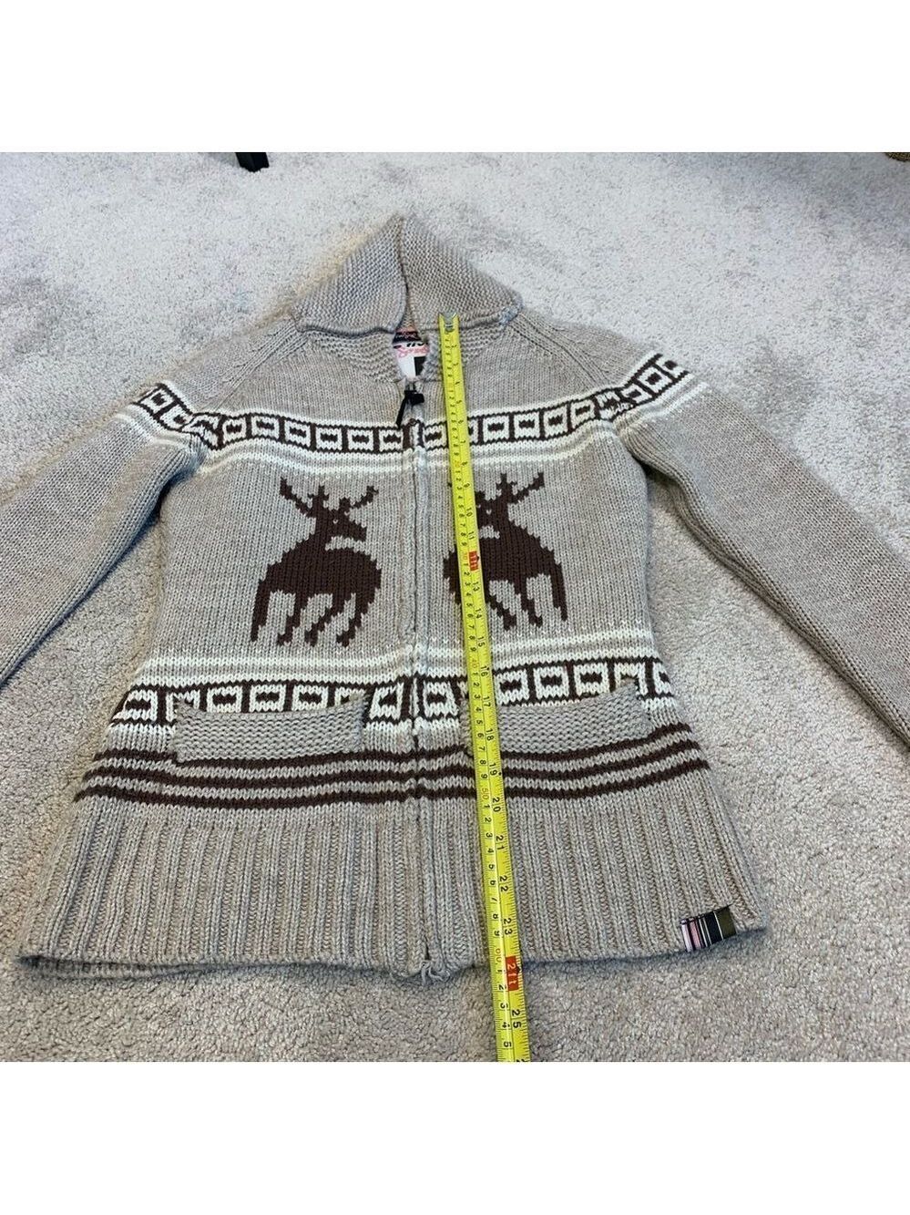 Triple Five Soul beige brown reindeer Zipup jacket wool sweater Sz S - Picture 12 of 15